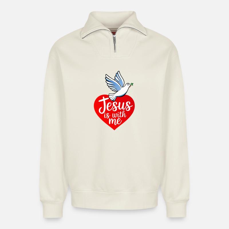 Jesus is with me taube - Relaxed Unisex Organic Half Zip Sweatshirt – von SPREAD - Naturweiß