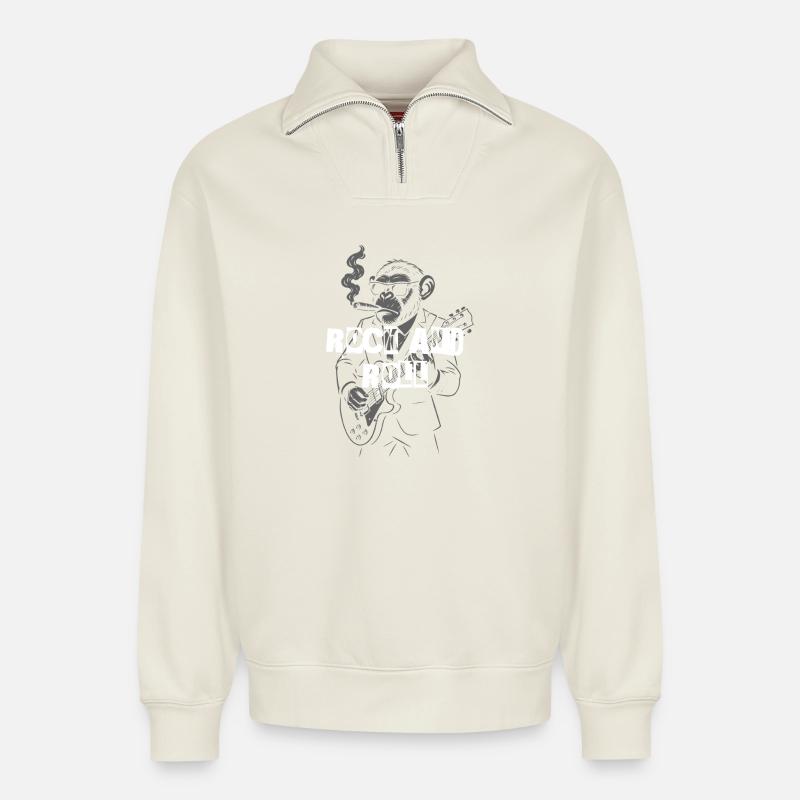 Guitariste Rock and Roll Monkey - Sweat unisexe décontracté en coton biologique à demi-zip – de SPREAD - blanc cassé