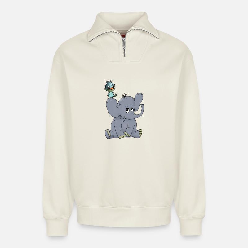 Elefant_mit_Vogel - Relaxed Unisex Organic Half Zip Sweatshirt – von SPREAD - Naturweiß