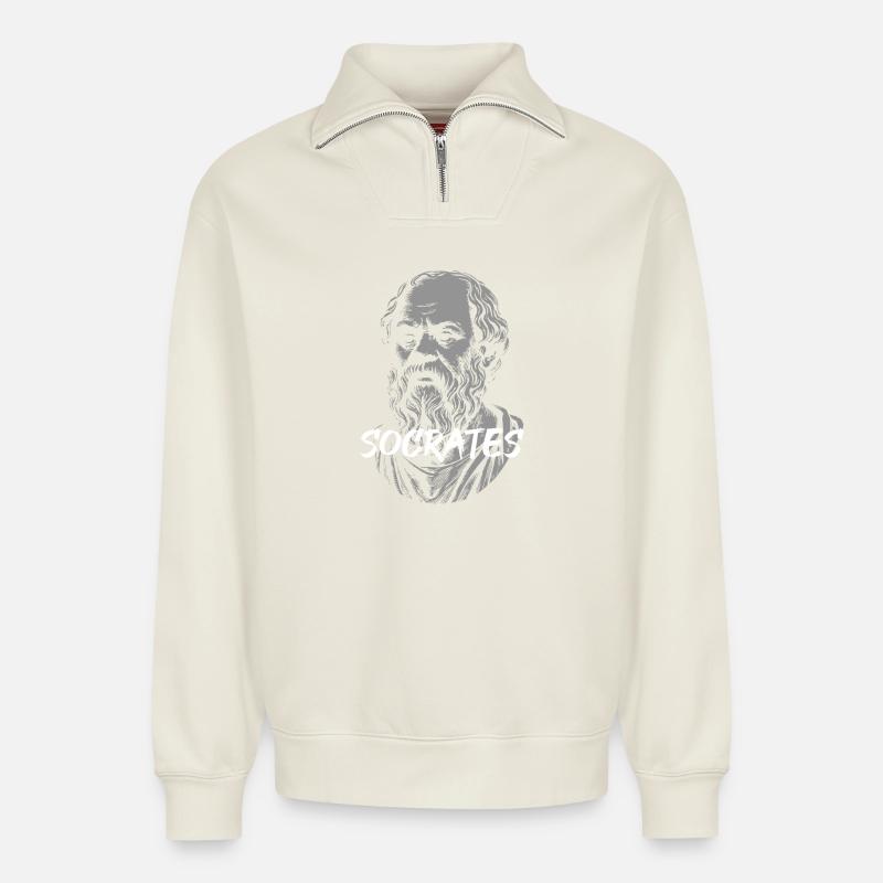 Socrates Ancient Philosopher Portrait - Relaxed Unisex Organic Half Zip Sweatshirt – by SPREAD - off white