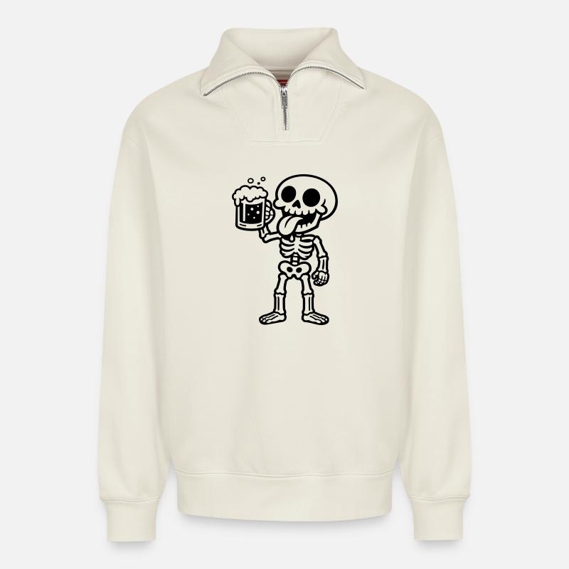 Skeleton Beer Comic - Sweat unisexe décontracté en coton biologique à demi-zip – de SPREAD - blanc cassé