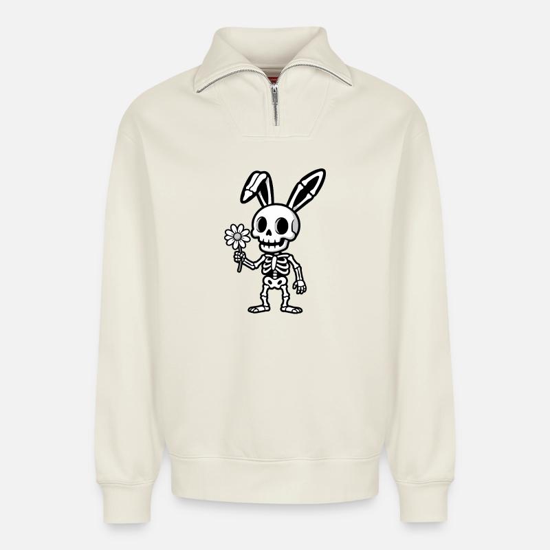 Lapin Squelette à Fleur - Sweat unisexe décontracté en coton biologique à demi-zip – de SPREAD - blanc cassé