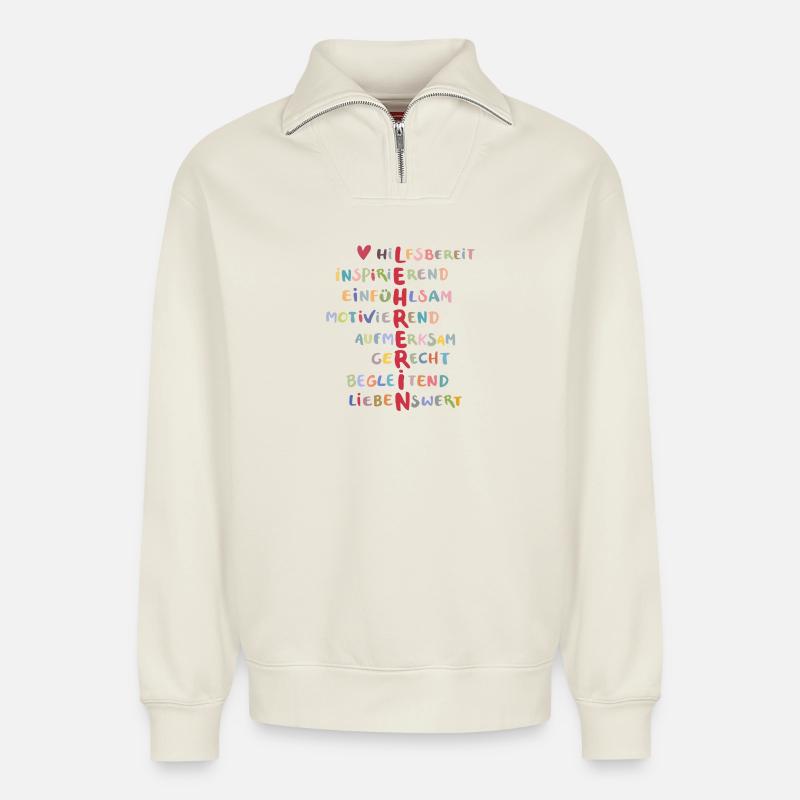 enseignant - Sweat unisexe décontracté en coton biologique à demi-zip – de SPREAD - blanc cassé