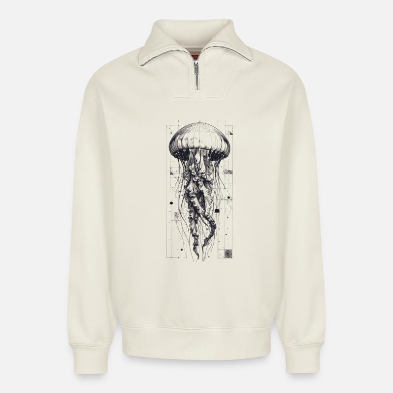 Méduses Technok Noires et Blanches - Sweat unisexe décontracté en coton biologique à demi-zip – de SPREAD - blanc cassé