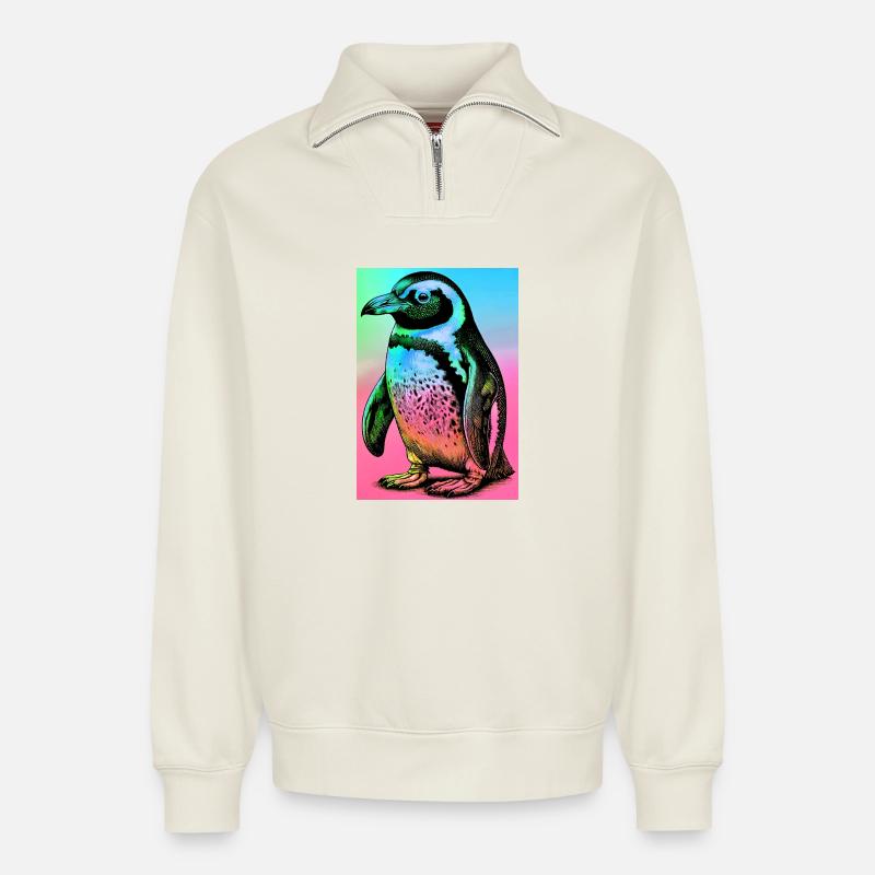 pingouin - Sweat unisexe décontracté en coton biologique à demi-zip – de SPREAD - blanc cassé