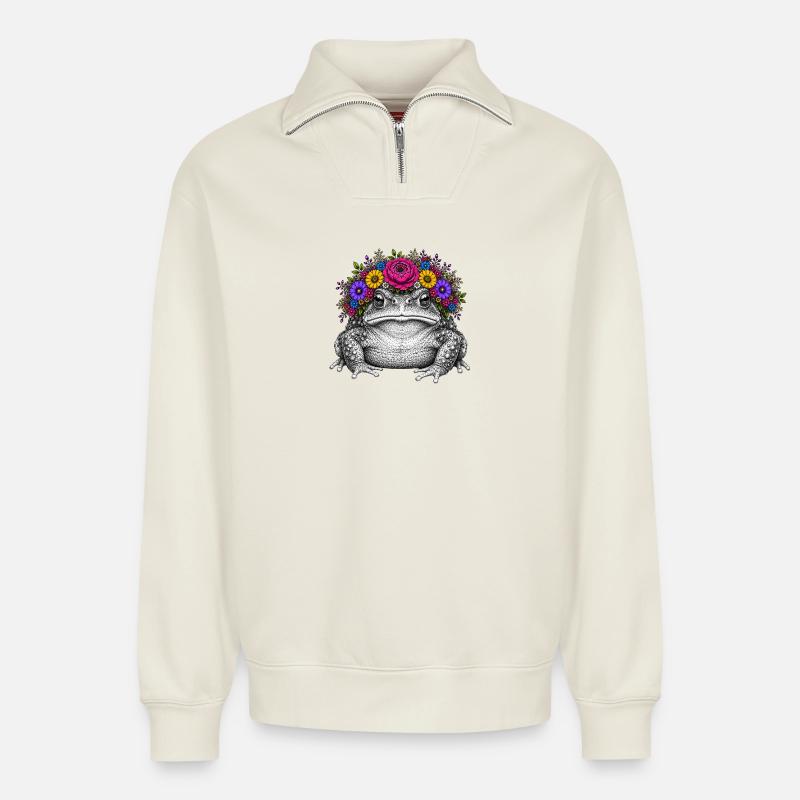 Toad with flower crown - Relaxed Unisex Organic Half Zip Sweatshirt – by SPREAD - off white