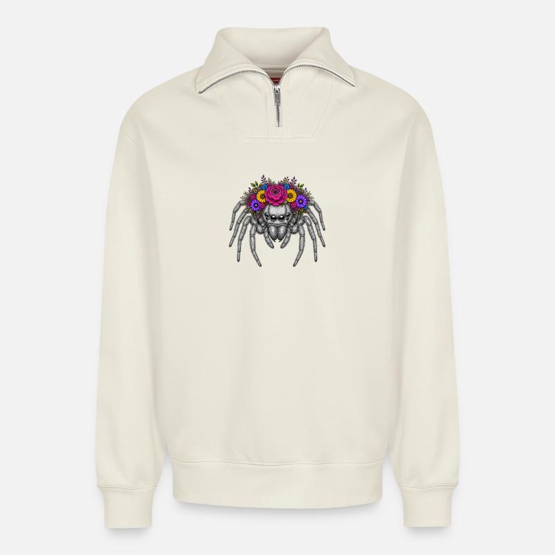 Blütenkranzspinne Illustration - Relaxed Unisex Organic Half Zip Sweatshirt – von SPREAD - Naturweiß