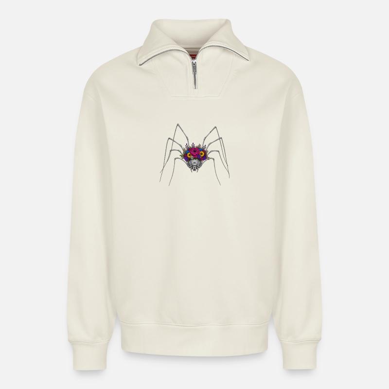 Blooming Spider Crown - Relaxed Unisex Organic Half Zip Sweatshirt – by SPREAD - off white