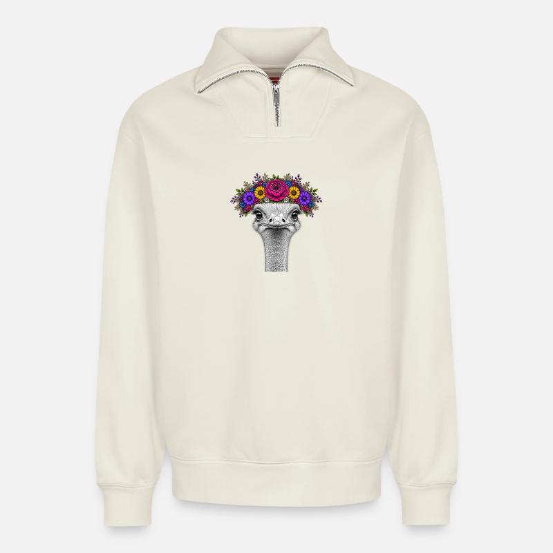 Strauß mit buntem Blumenkranz - Relaxed Unisex Organic Half Zip Sweatshirt – von SPREAD - Naturweiß