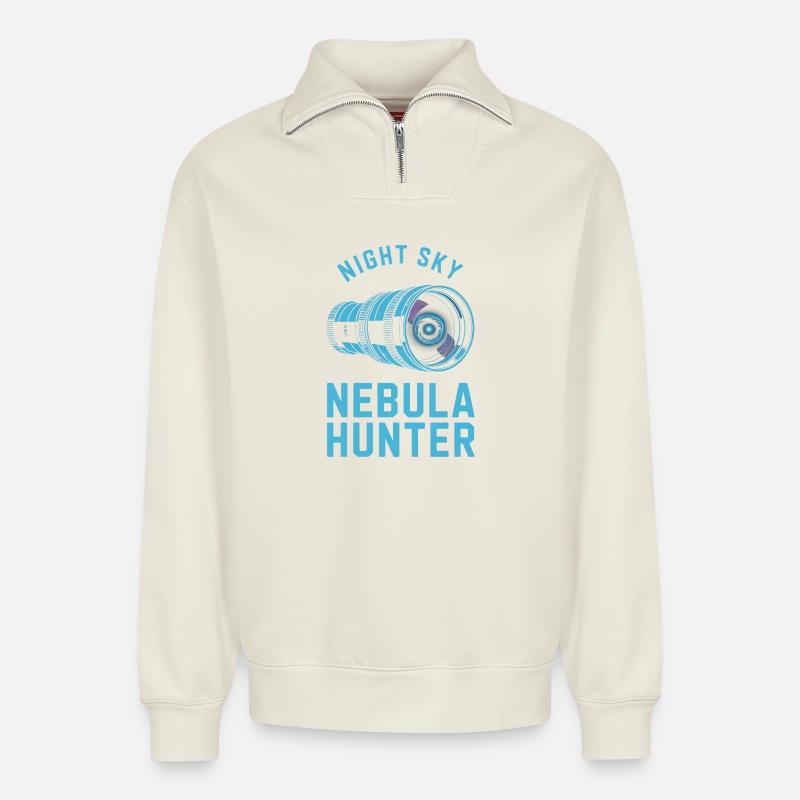 Nebula Hunter Night Sky Teleskop - Relaxed Unisex Organic Half Zip Sweatshirt – von SPREAD - Naturweiß