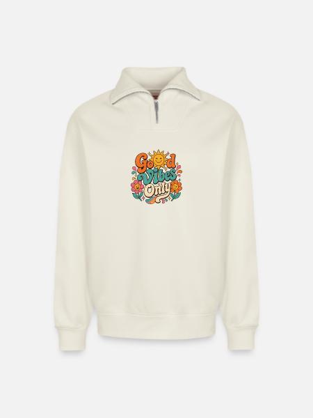 Good Vibe's Only Retro Floral - Relaxed Unisex Organic Half Zip Sweatshirt – by SPREAD - off white