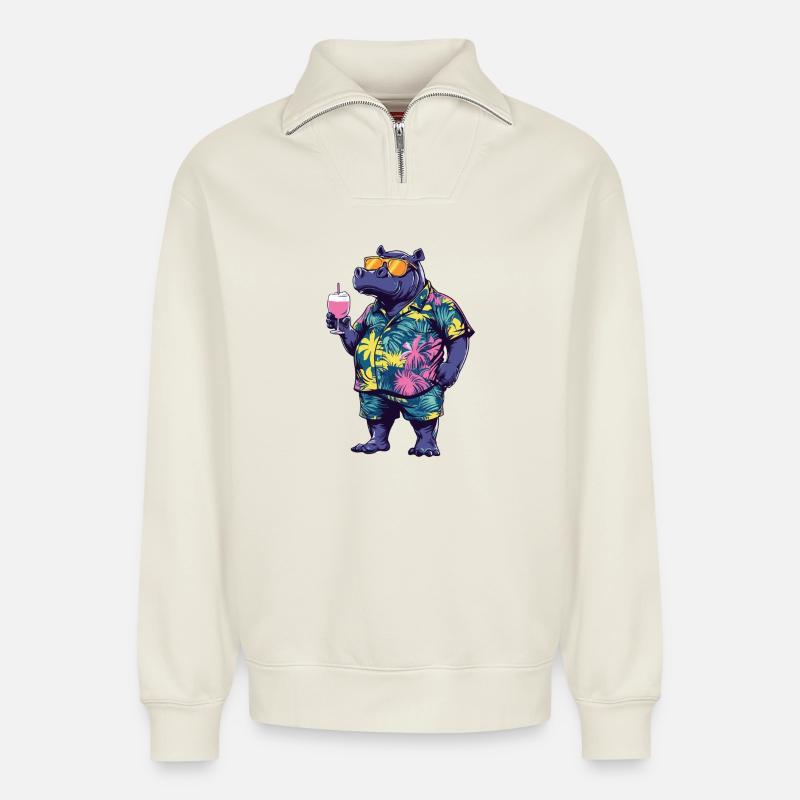 Nilpferd Comic Sommer - Relaxed Unisex Organic Half Zip Sweatshirt – von SPREAD - Naturweiß