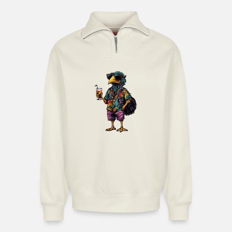 Ostrich Comic Summer - Relaxed Unisex Organic Half Zip Sweatshirt – by SPREAD - off white