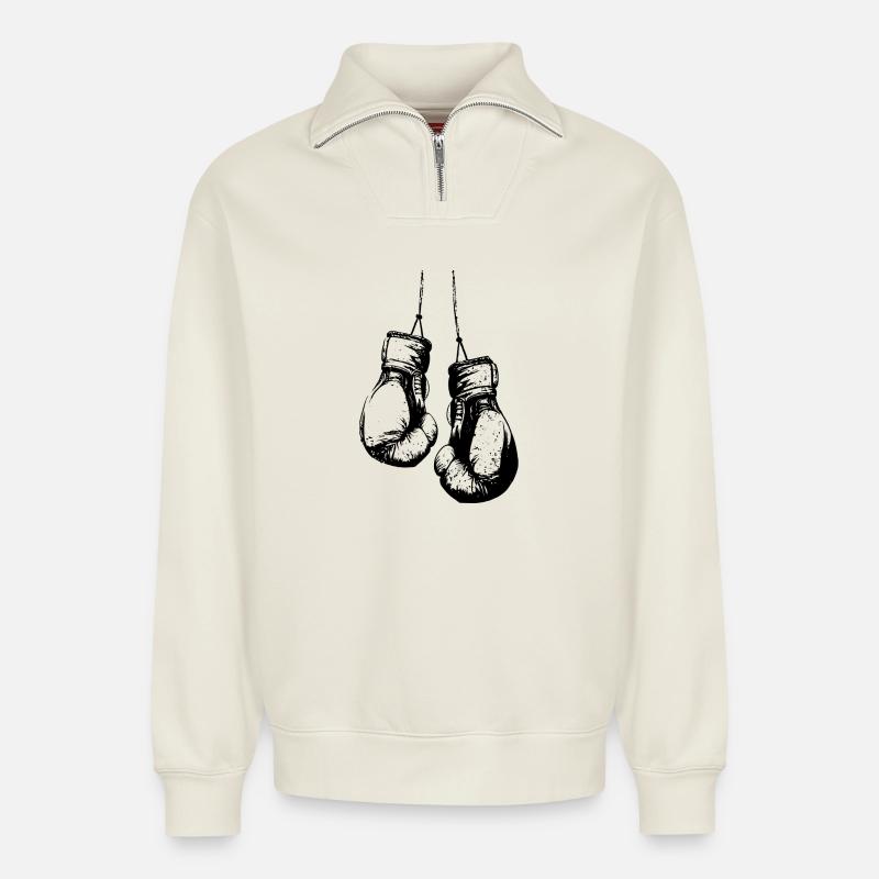 Hängende Boxhandschuhe schwarz - Relaxed Unisex Organic Half Zip Sweatshirt – von SPREAD - Naturweiß