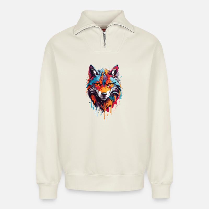 Coole Wolf - Relaxed Unisex Organic Half Zip Sweatshirt – von SPREAD - Naturweiß