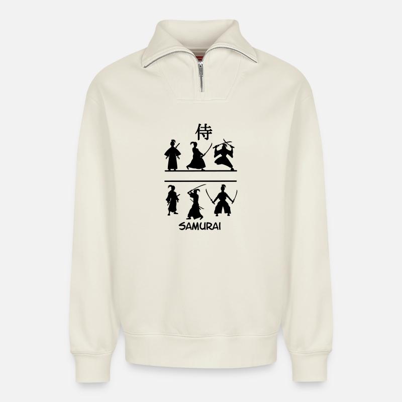 Samurai with swords - Relaxed Unisex Organic Half Zip Sweatshirt – by SPREAD - off white