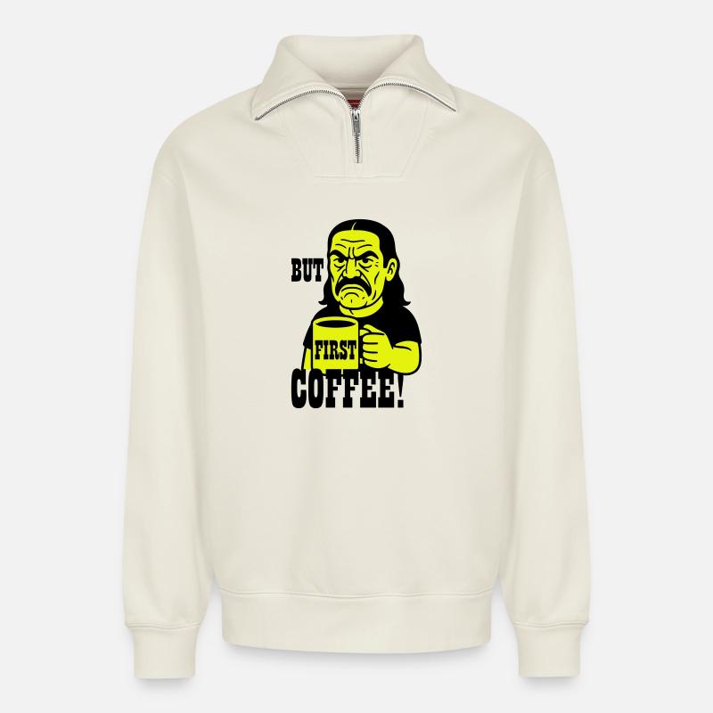 First Coffee Man - Relaxed Unisex Organic Half Zip Sweatshirt – von SPREAD - Naturweiß