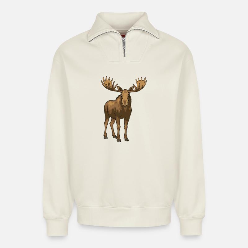Der Elch - König des Waldes - Relaxed Unisex Organic Half Zip Sweatshirt – von SPREAD - Naturweiß
