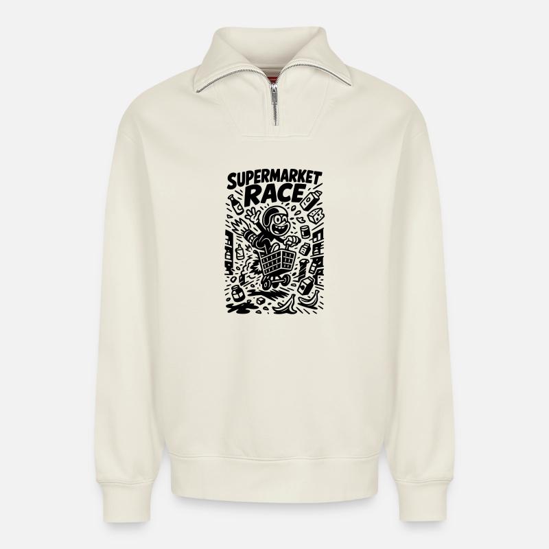 Supermarché Course Enfants Drôle - Sweat unisexe décontracté en coton biologique à demi-zip – de SPREAD - blanc cassé
