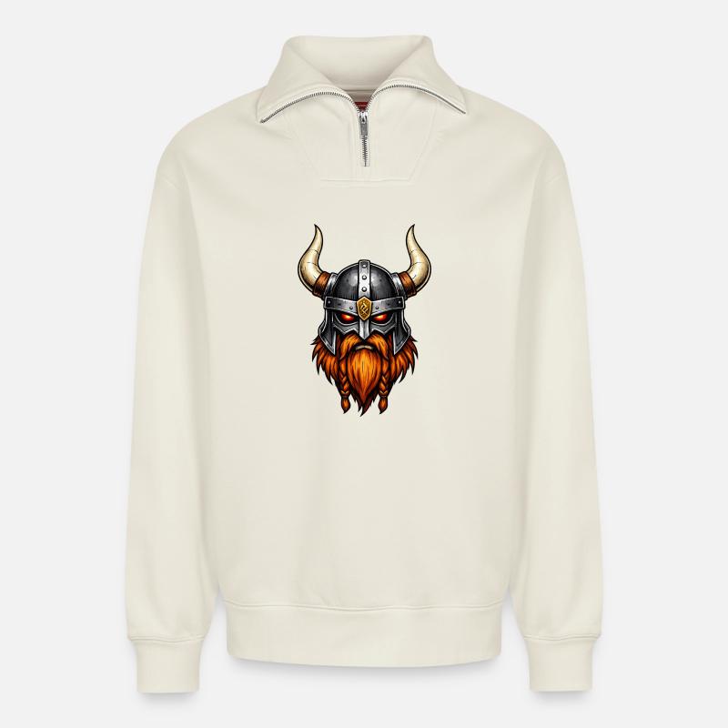 Wikinger Krieger Helm - Relaxed Unisex Organic Half Zip Sweatshirt – von SPREAD - Naturweiß