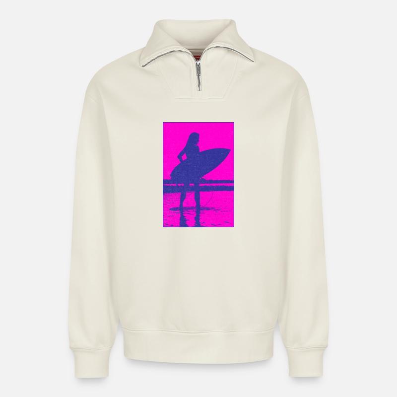 Neon-Silhouette Surferin Strand - Relaxed Unisex Organic Half Zip Sweatshirt – von SPREAD - Naturweiß