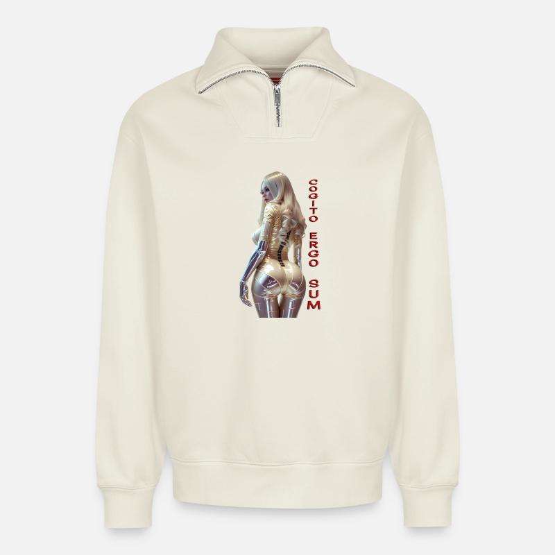 Cogito 01 (mit Text) - Relaxed Unisex Organic Half Zip Sweatshirt – von SPREAD - Naturweiß