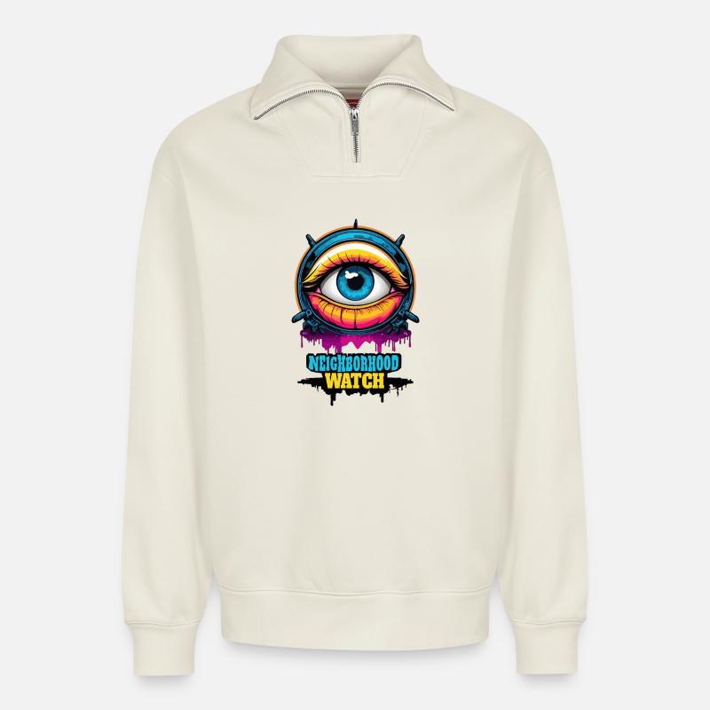 Surveillance de quartier - Sweat unisexe décontracté en coton biologique à demi-zip – de SPREAD - blanc cassé