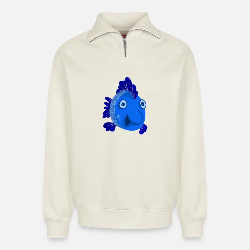 Poisson bleu - Sweat unisexe décontracté en coton biologique à demi-zip – de SPREAD - blanc cassé