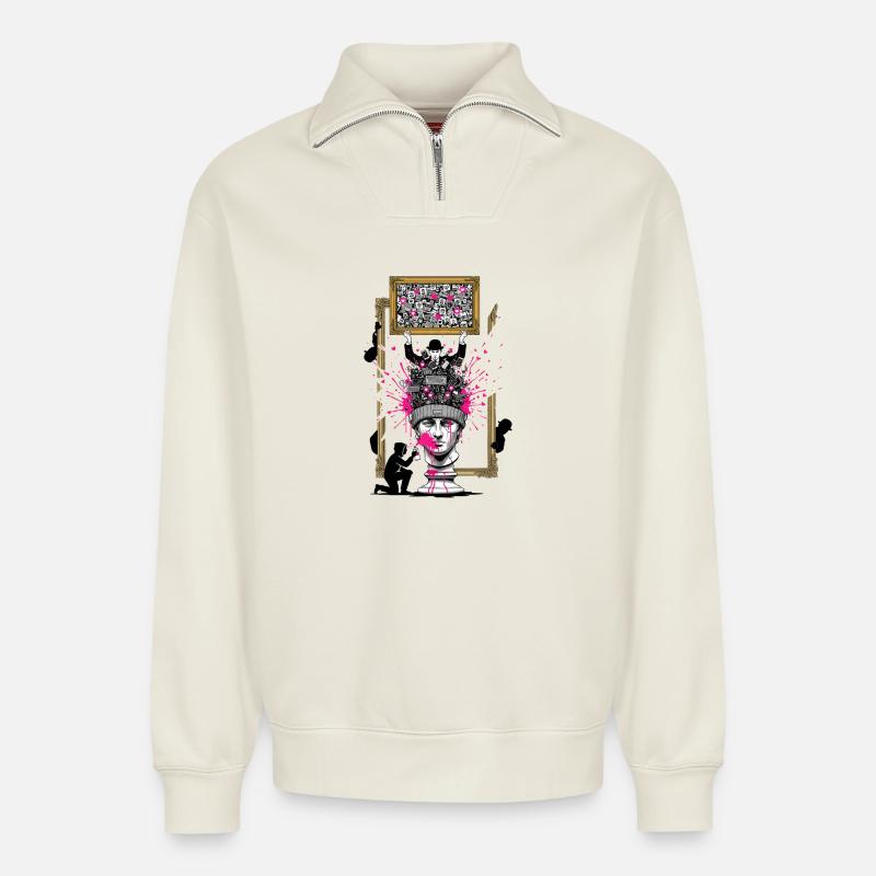 Kopfskulptur PopKollage - Relaxed Unisex Organic Half Zip Sweatshirt – von SPREAD - Naturweiß