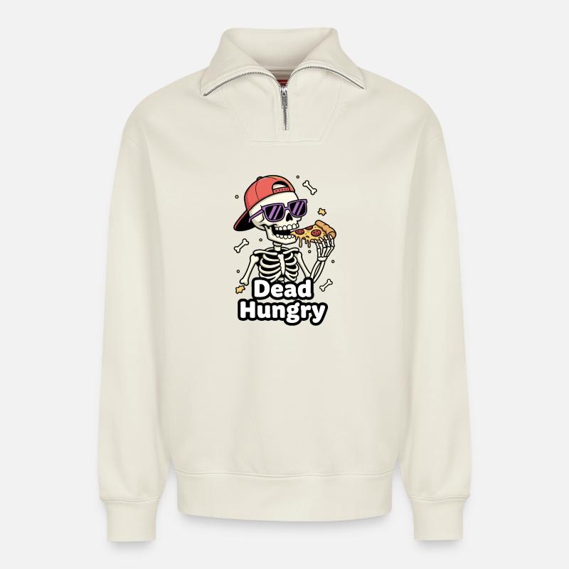 Tot Hungrig Skelett Pizza - Relaxed Unisex Organic Half Zip Sweatshirt – von SPREAD - Naturweiß