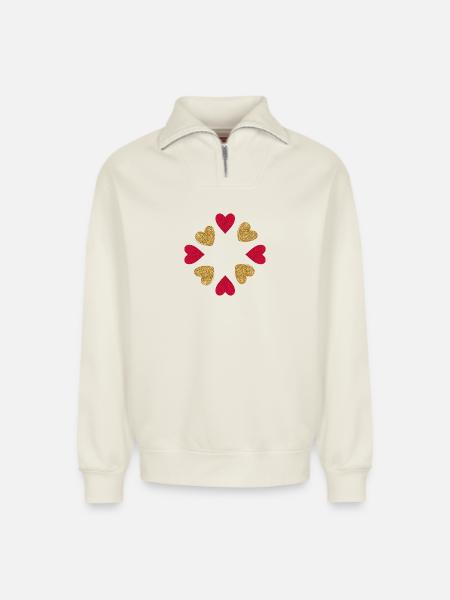 Circle of Hearts Glitter Red Gold - Relaxed Unisex Organic Half Zip Sweatshirt – by SPREAD - off white