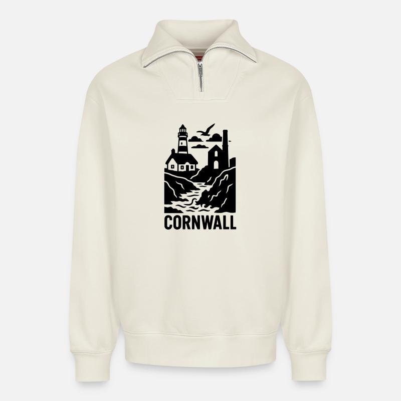 Silhouette de Cornouailles - Sweat unisexe décontracté en coton biologique à demi-zip – de SPREAD - blanc cassé