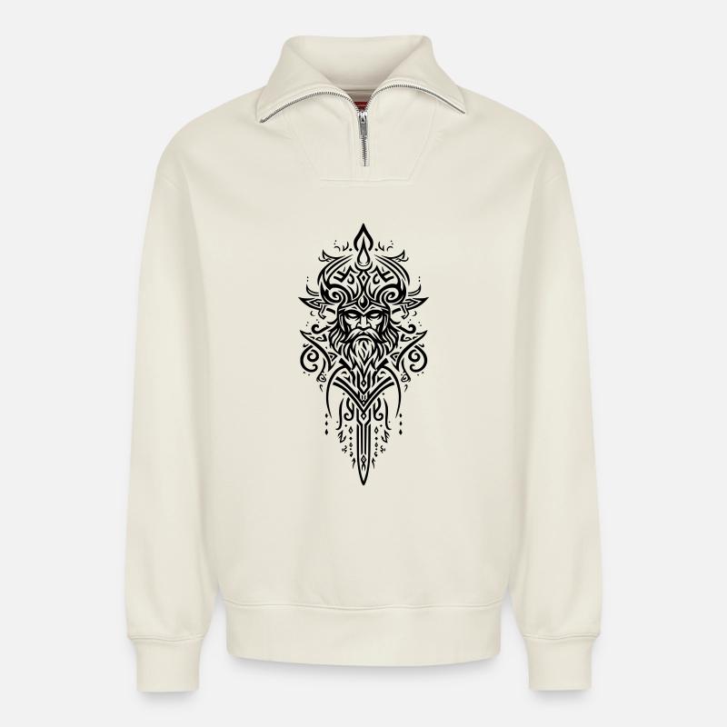 Mächtiges Stammes-Wikingermuster, Symbol der Stärke - Relaxed Unisex Organic Half Zip Sweatshirt – von SPREAD - Naturweiß