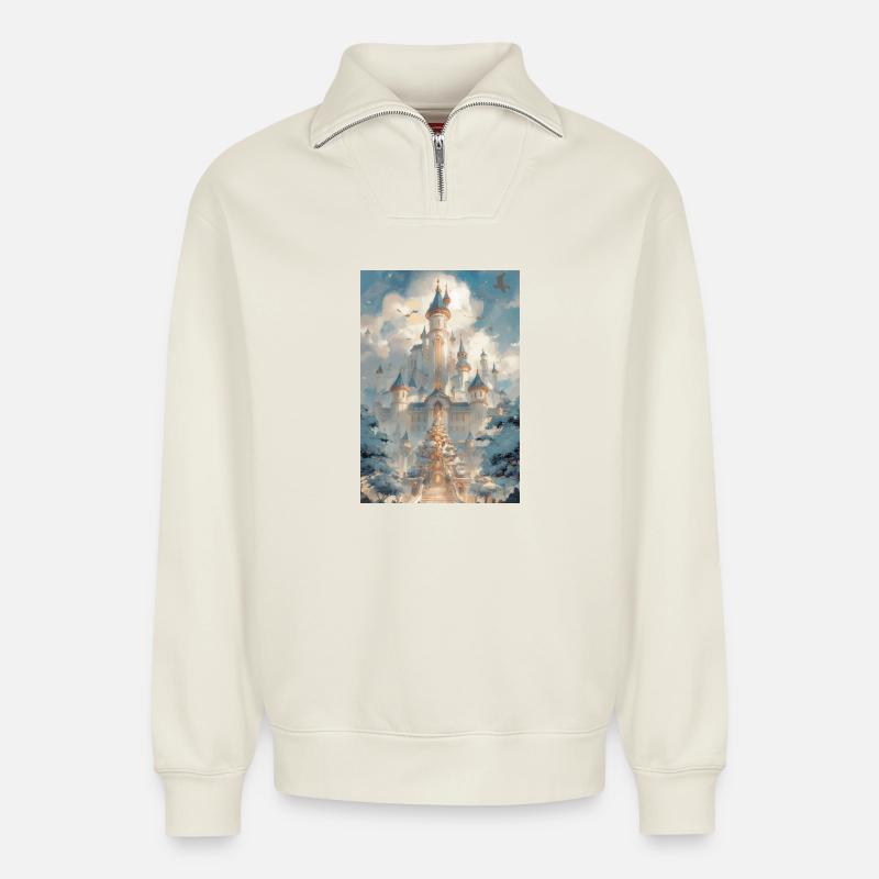 Château Céleste Enneigé - Sweat unisexe décontracté en coton biologique à demi-zip – de SPREAD - blanc cassé