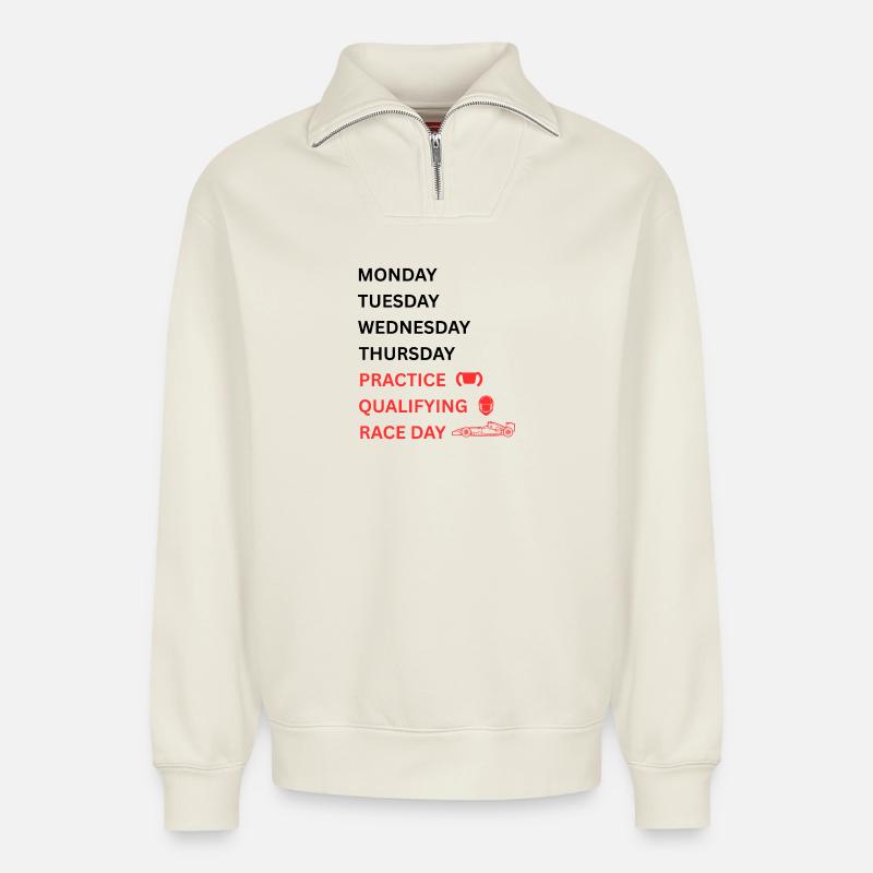 Rennpraxis Qualifying Race Day - Relaxed Unisex Organic Half Zip Sweatshirt – von SPREAD - Naturweiß