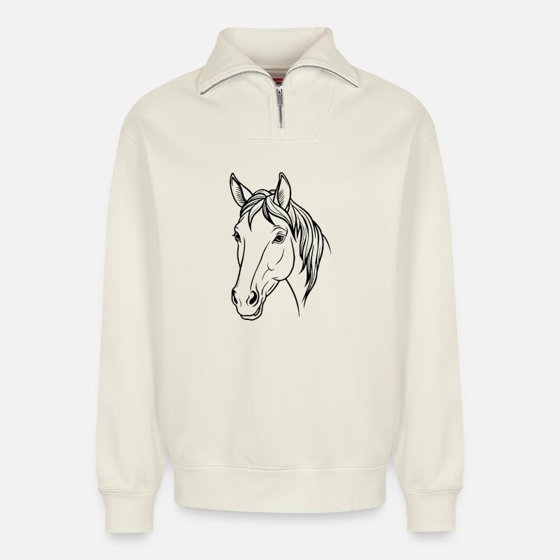 Tête de cheval - Sweat unisexe décontracté en coton biologique à demi-zip – de SPREAD - blanc cassé