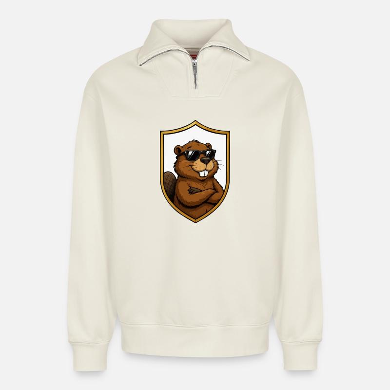 Cooler Biber im Schildemblem - Relaxed Unisex Organic Half Zip Sweatshirt – von SPREAD - Naturweiß