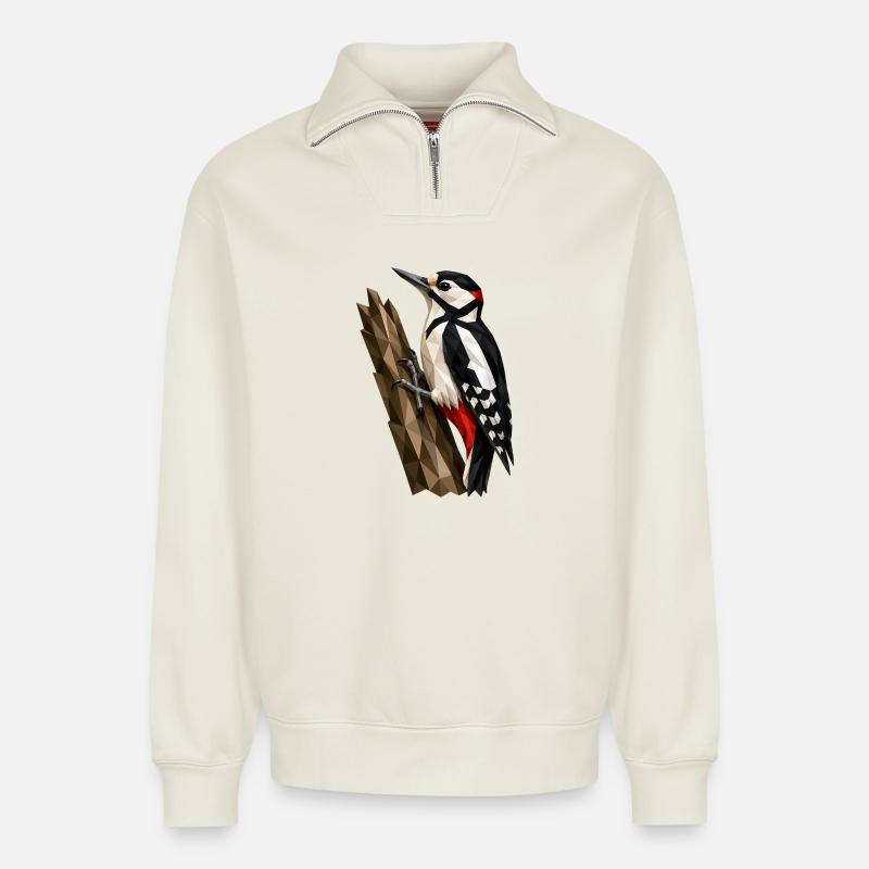 Polygonaler Waldspecht - Relaxed Unisex Organic Half Zip Sweatshirt – von SPREAD - Naturweiß