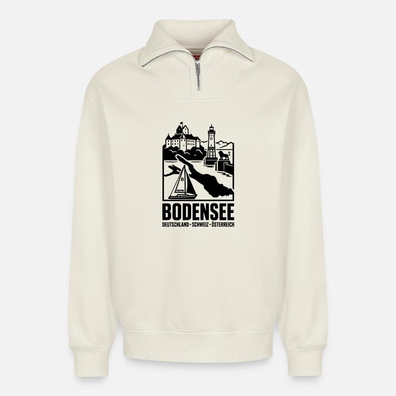 Bodensee Silhouette Wahrzeichen - Relaxed Unisex Organic Half Zip Sweatshirt – von SPREAD - Naturweiß