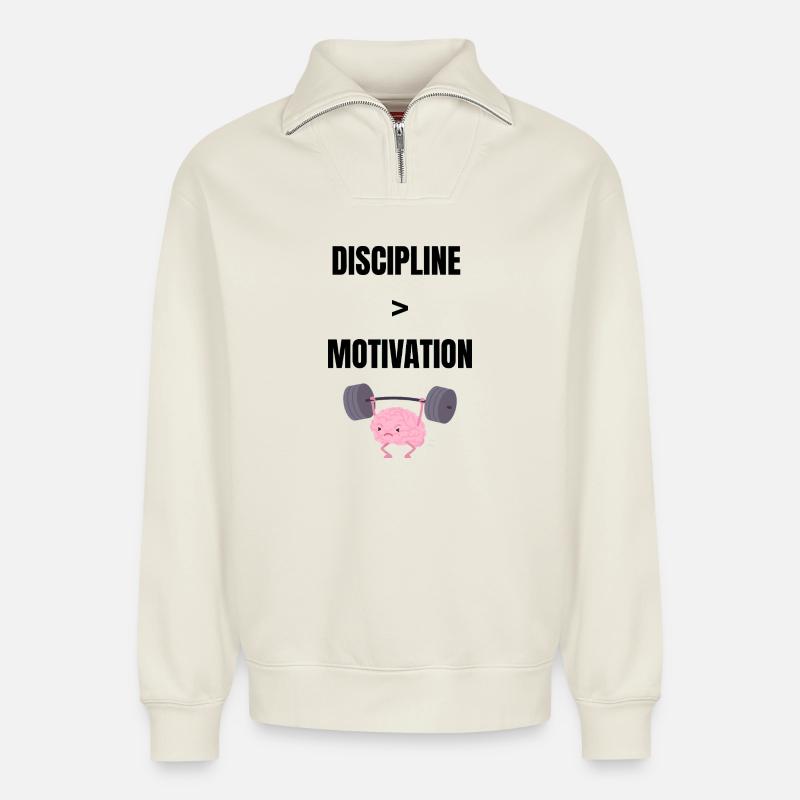 Disziplin über Motivation - Relaxed Unisex Organic Half Zip Sweatshirt – von SPREAD - Naturweiß