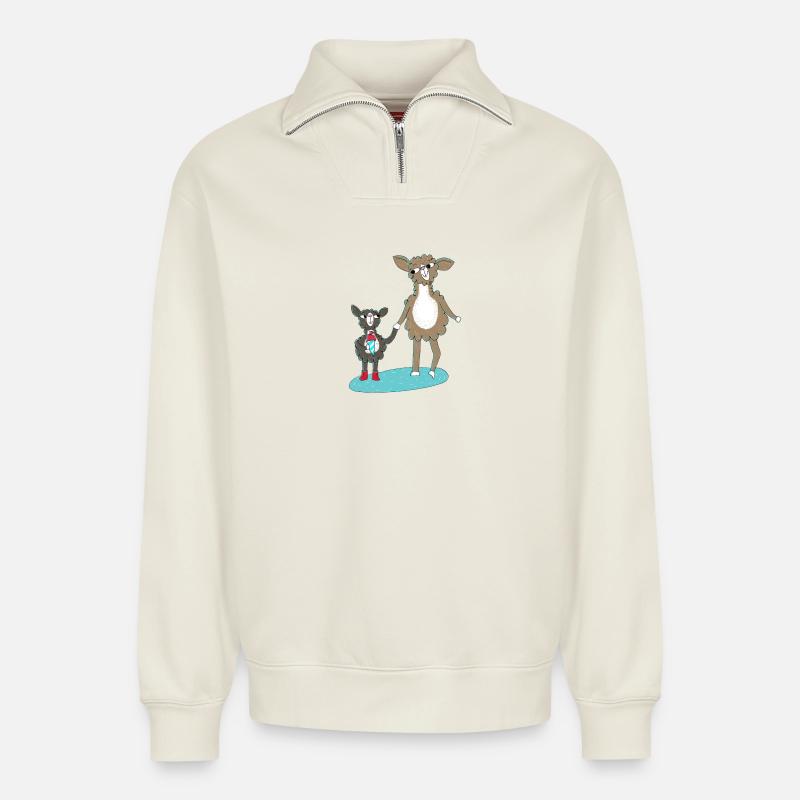 Lama Einschulung - Relaxed Unisex Organic Half Zip Sweatshirt – von SPREAD - Naturweiß