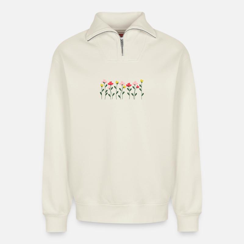 Herzblumen auf minimalem Schwarz - Relaxed Unisex Organic Half Zip Sweatshirt – von SPREAD - Naturweiß