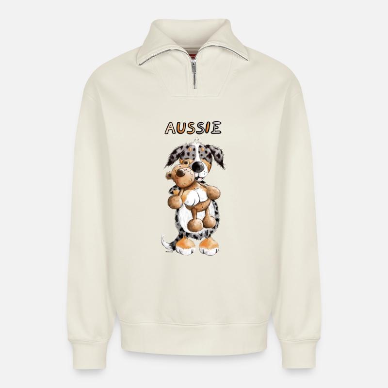 Aussie mit Teddy - Relaxed Unisex Organic Half Zip Sweatshirt – von SPREAD - Naturweiß