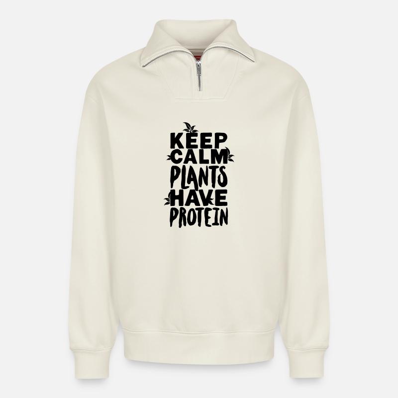 Keep calm plants have protein - Relaxed Unisex Organic Half Zip Sweatshirt – von SPREAD - Naturweiß