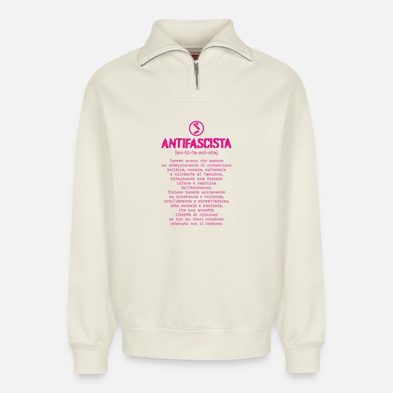 Définition antifasciste - Sweat unisexe décontracté en coton biologique à demi-zip – de SPREAD - blanc cassé