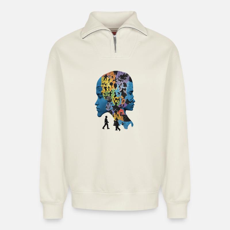Das Puzzle Mensch - Relaxed Unisex Organic Half Zip Sweatshirt – von SPREAD - Naturweiß