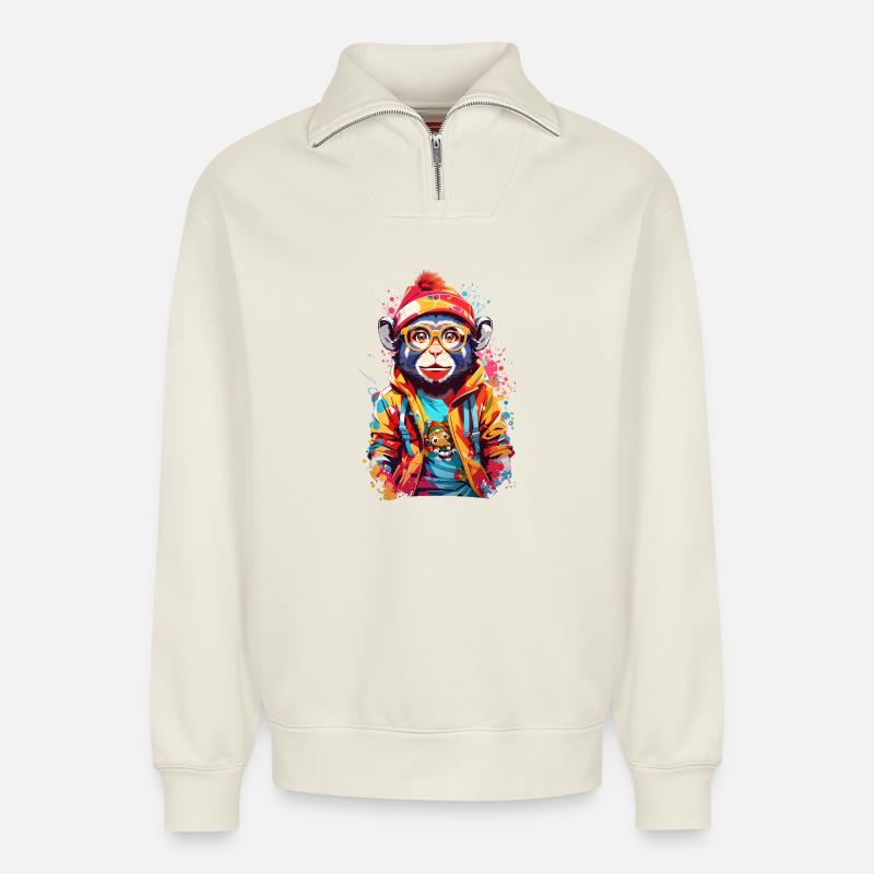 Cool monkey - Relaxed Unisex Organic Half Zip Sweatshirt – by SPREAD - off white