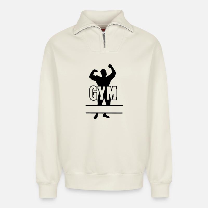 Bodybuilder transparenter Text 'GYM' - Relaxed Unisex Organic Half Zip Sweatshirt – von SPREAD - Naturweiß