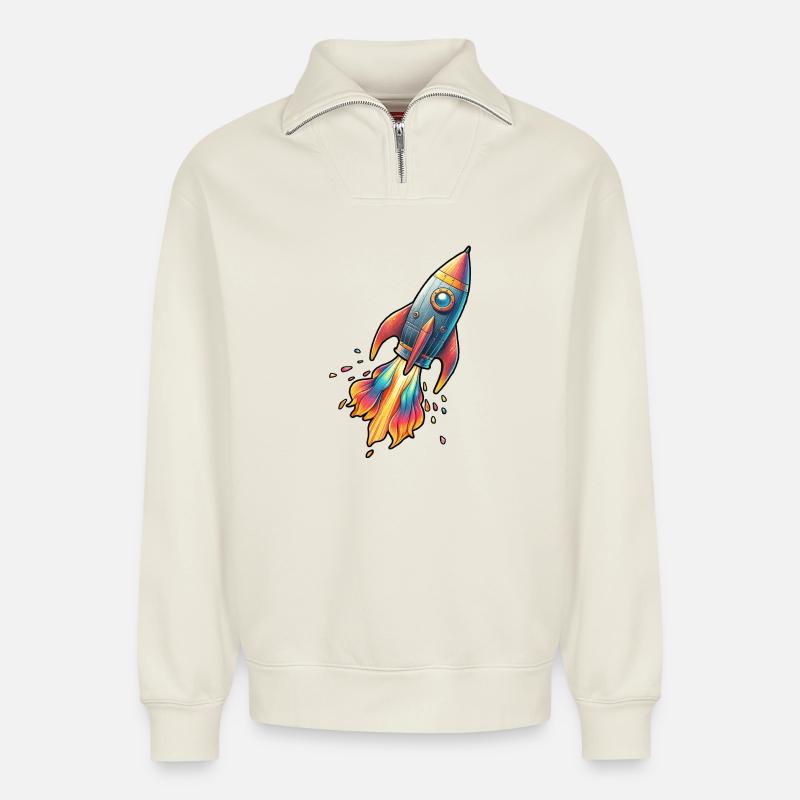Farbenrakete mit Feuerfarben - Relaxed Unisex Organic Half Zip Sweatshirt – von SPREAD - Naturweiß
