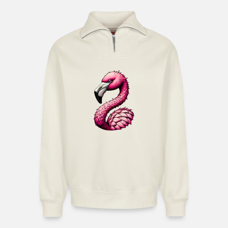 Flamant - Sweat unisexe décontracté en coton biologique à demi-zip – de SPREAD - blanc cassé